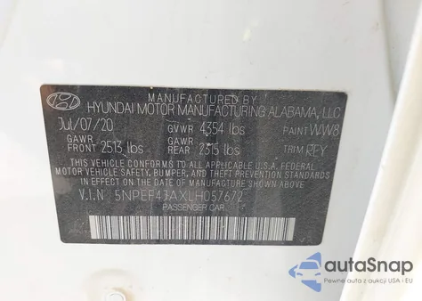 2020 Hyundai Sonata Sel z USA, uszkodzony, nr VIN 5NPEF4JAXLH057672